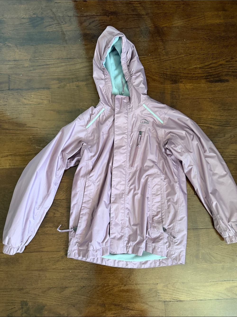 L.L. Bean Girls' Light Pink/purple Hooded Raincoat with gray fleece Lining